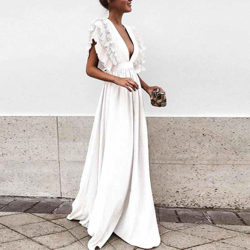 Hoobd Formal Party  Dress Women Deep V-Neck Long Dress Elegant Flying Sleeves Backless Maxi Evening Dresses Robe De Soiree