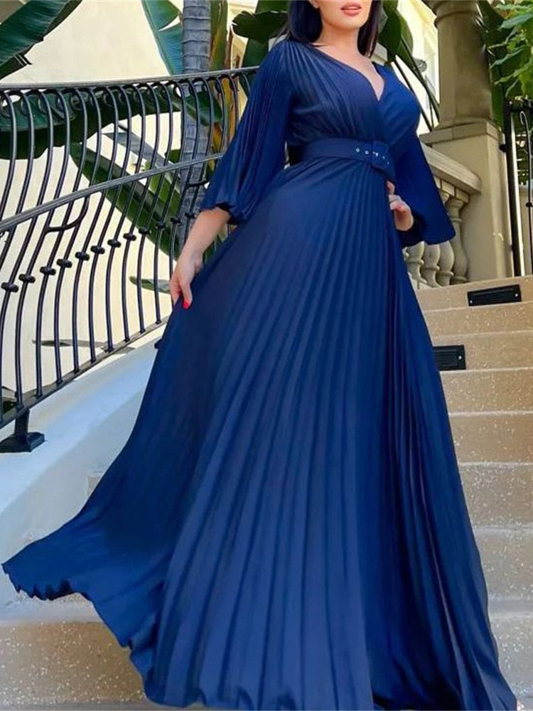 Hoobd Sexy V-Neck Pleated Dinner Party Dress Women Yellow Elegant  with Belt Long Sleeve Robe Femme African Maxi Red Vestido
