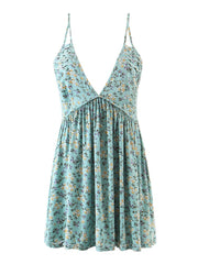 Hoobd Boho Strap Print Dress Woman 2023 Summer Beach Vacation New Sexy Deep V Neck High Waist Backless Mini Dress Female
