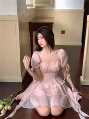 Hoobd Pink Kawaii France Style Short Dress Women Elegant Evening Party Midi Dresses Cute Sweet Puff  Sleeve Clothing 2023