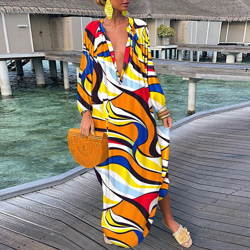 Hoobd Women Elegant V Neck Loose Party Dress Lady Retro Printing Long Sleeve Holiday Dress Autumn Casual Femme Dress Streetwear