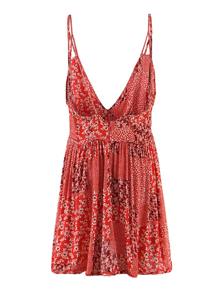Hoobd Boho Strap Print Dress Woman 2023 Summer Beach Vacation New Sexy Deep V Neck High Waist Backless Mini Dress Female