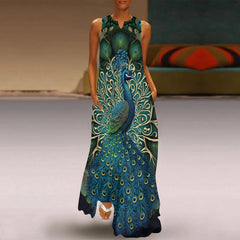 Hoobd Summer Women's Sexy Dress Elegant Dress Woman 2023 Feather Peacock Print Holiday Clothes For Women