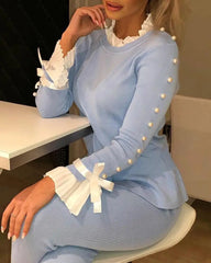 Women Fashion Casual Bowknot Cuff  Pullovers Top Autumn Fashion Sweet Style Knit Blouse Beaded Sweater