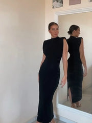 Women Fashion Sexy Midi Dress 2024 Elegant O-Neck Split Sleeveless Slim Dresses Streetwear High Waist Bodycon Vestidos Robes