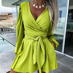 Elegant Pocket Solid Holiday Dress Spring Casual Long Sleeved Mini Dress Fashion V-neck Lace Up Waist Pleated Short Dress Mujer