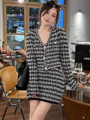 Autumn Winter Korean Fashion Sweater Female Knit Cardigan Crop Top Mini Skirt Two Piece Sets Womens Outifits Ensemble Femme