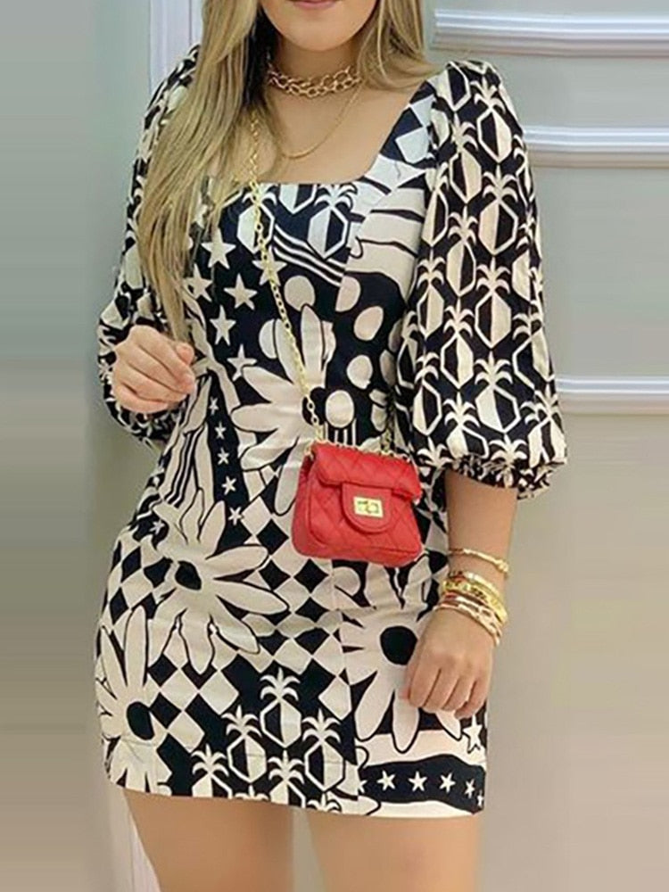 Floral Print Lantern Sleeve Casual Dress Women Square Neck Mini Dress