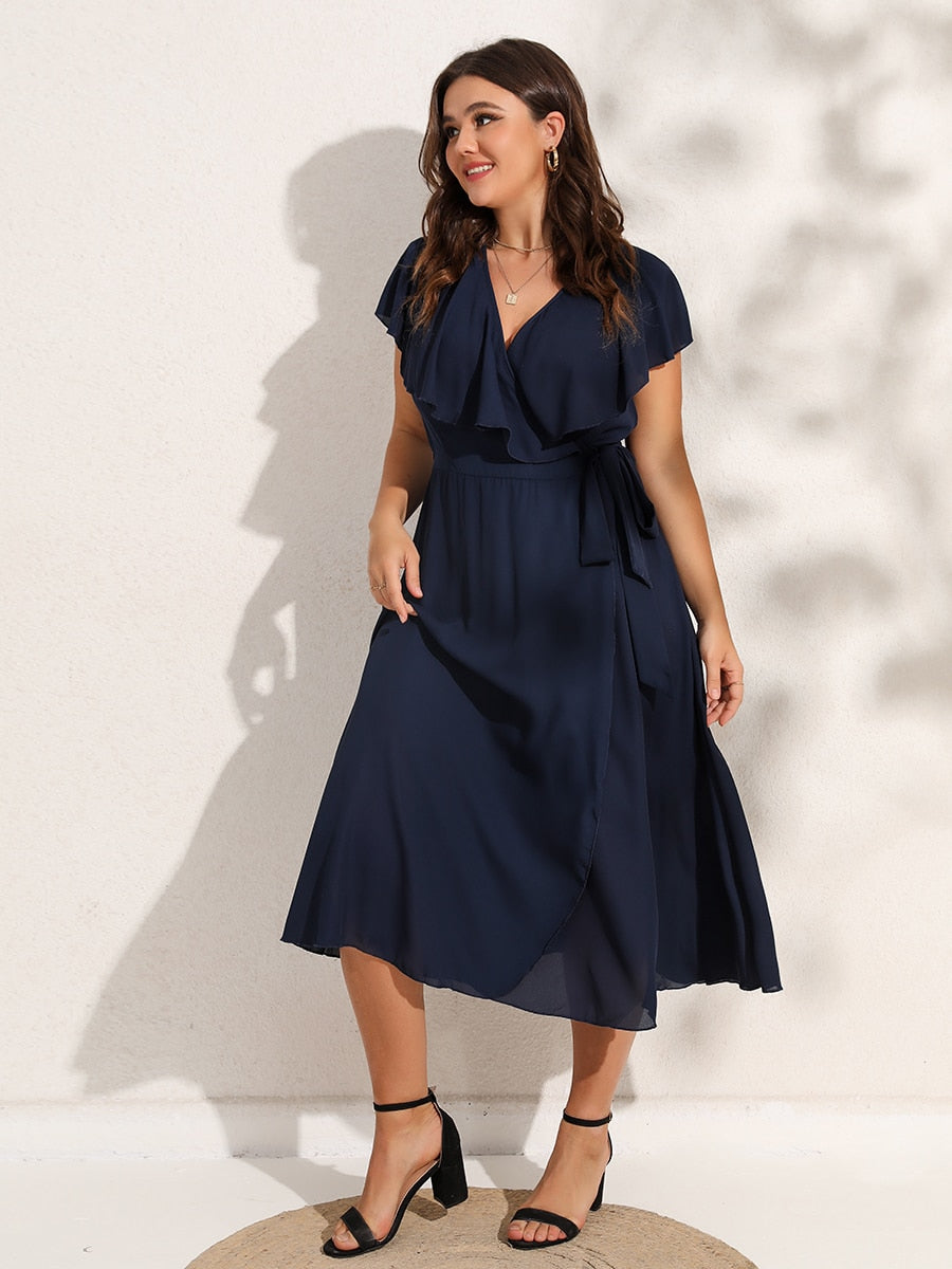 Party Dresses For Women 2023 Plus Size Summer Midi Dress V-Neck Solid Ruffle Sleeve Belted Wrap Dress