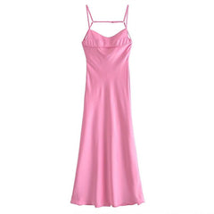 2023 New Women Hollow Design Silk Satin Texture Midi Suspender Dress Summer Sexy Revealing Back Slit Slim Pink Dress