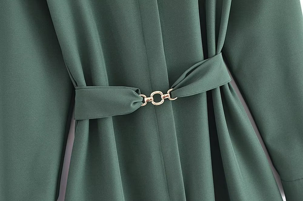 New Women Army Green With Belt Shirt Dress Long Sleeve Lapel Collar Female Autumn Dress Short Vestido