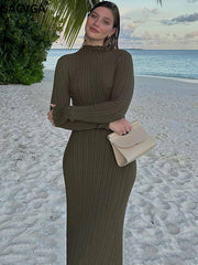 Hoobd2023 Autumn Winter Knitted Maxi Dress Elegant Women Long Sleeve Slim Pleated Robe Club Party Bodycon Long Dress Vestidos