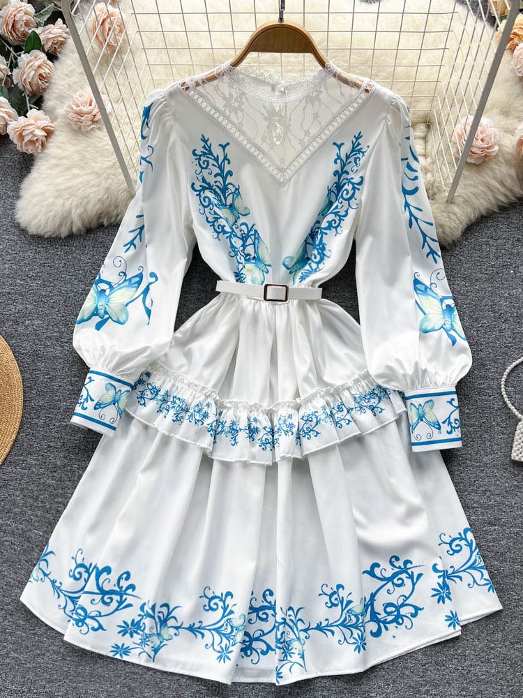 2023 New Fashion Ruffles Sleeve Lace Hollow Out Summer Dress Women's Print High Waist Runway Dress Vestidos Da Festa