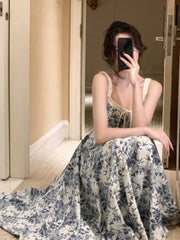 French Floral Strap Midi Dress Woman Elegant Sleeveless Even Party Dress Office Lady 2023 Summer Beach Casual Korean Style Dress