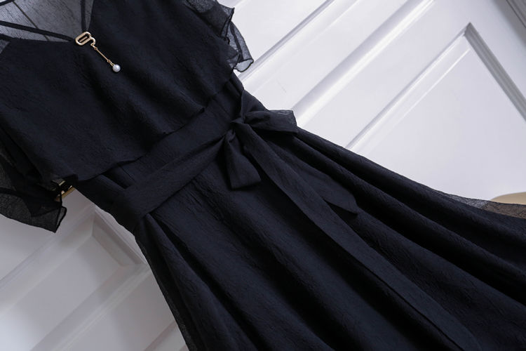 Hoobd Elegant Fashion V-neck Zipper Off Shoulder Short Sleeve A-LINE Dress Summer Black Solid Color Chiffon Empire Women&#39;s Clothing