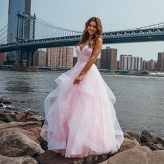 Evening Gowns for Wedding  Women Pink Deep V Neck Suspenders Party Dresses Tulle Floor Length Elegant Black Bridal Prom Dresses