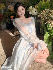 France Floral Sexy Dress Women Elegant Party Midi Dress Casual High Waist Puff Sleeve Korean Fashion Holiday Female Dress Summer