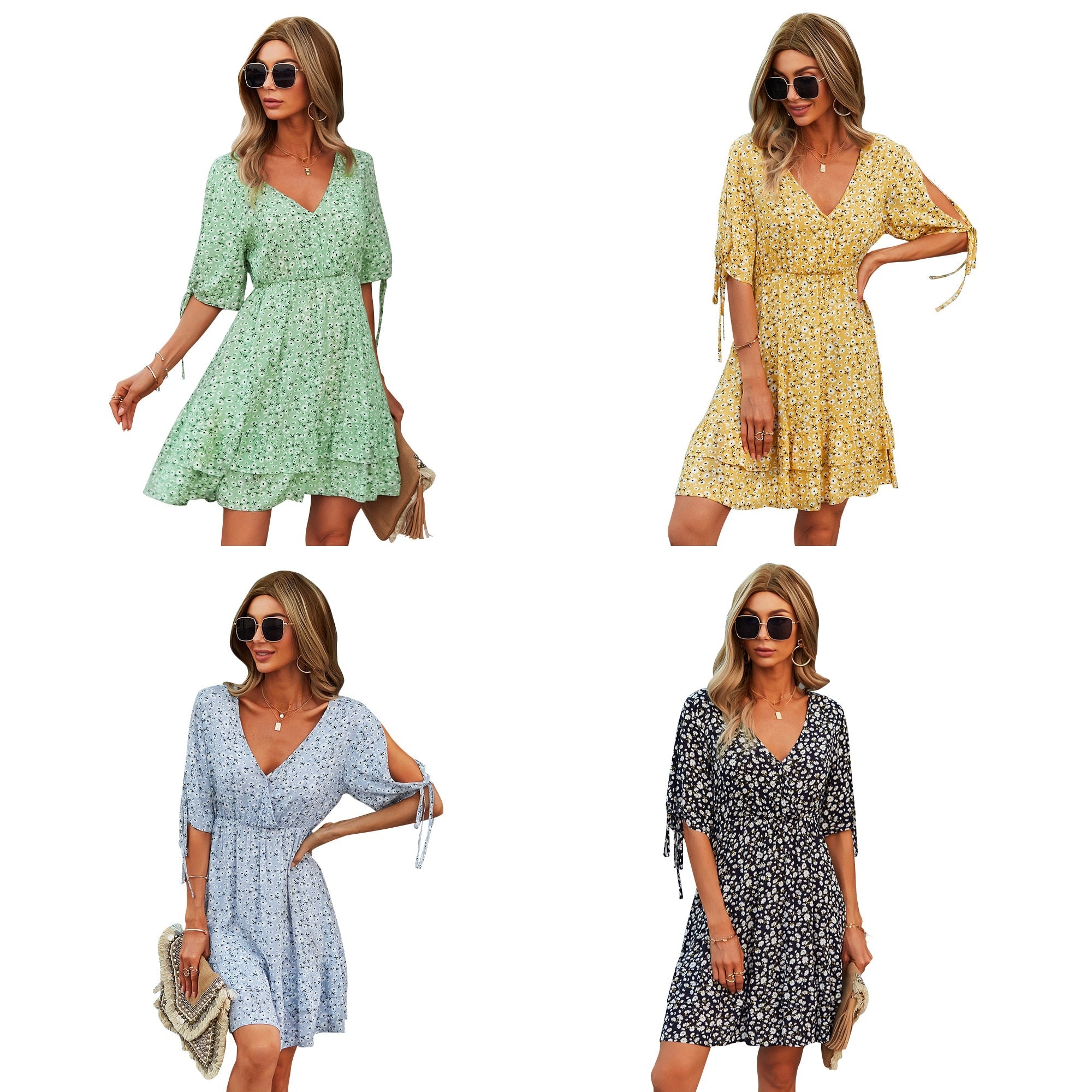 Casual Dress Women Spring Sexy Stresch Floral Dress Lady V Neck Short Sleeved A-line Skirt Girl High Waist Summer Clothes Female