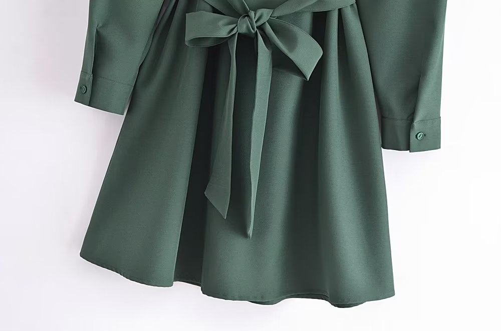 New Women Army Green With Belt Shirt Dress Long Sleeve Lapel Collar Female Autumn Dress Short Vestido