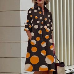 Hoobd Retro Ladies Polka Dot Single Breasted A-line Dress Fashion Street Pocket Polo Neck Dress Spring Elegant Long Sleeve Party Dress