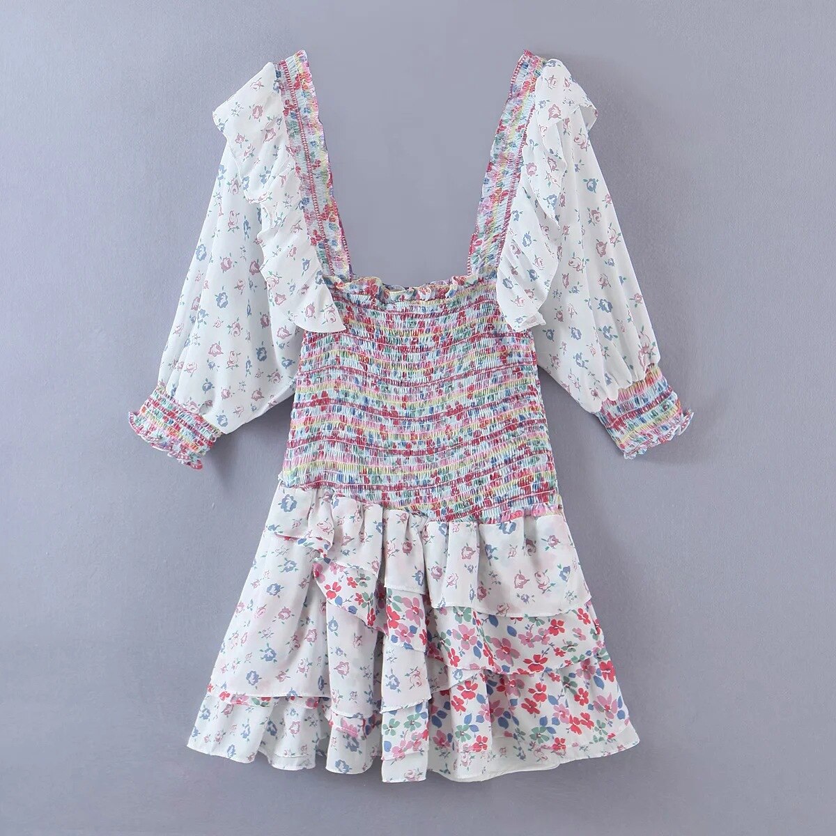 Hoobd Summer Mixed Floral Prints Ruffled Holiday Dress Square Neck Smocked Sexy Laides Dress Mini Dress