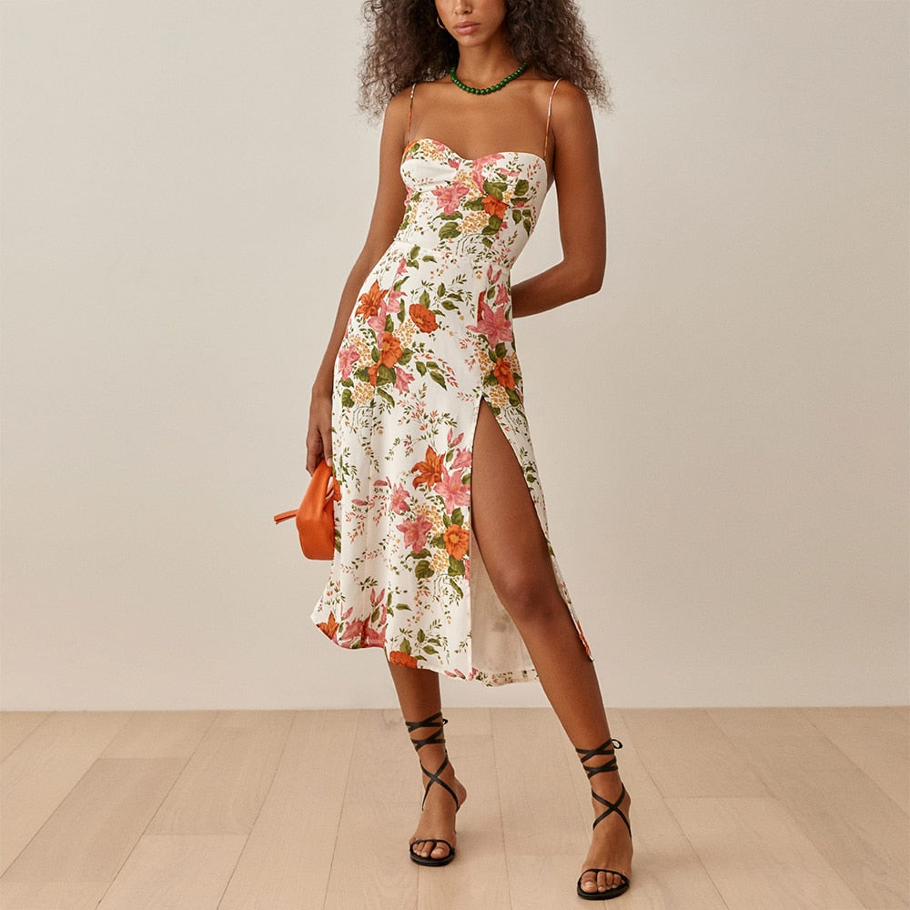 Hoobd Summer Dresses For Women Elegant Vintage Floral Print Dress Sweetheart Neck Spaghetti Strap Midi Dress With Slit Sundress