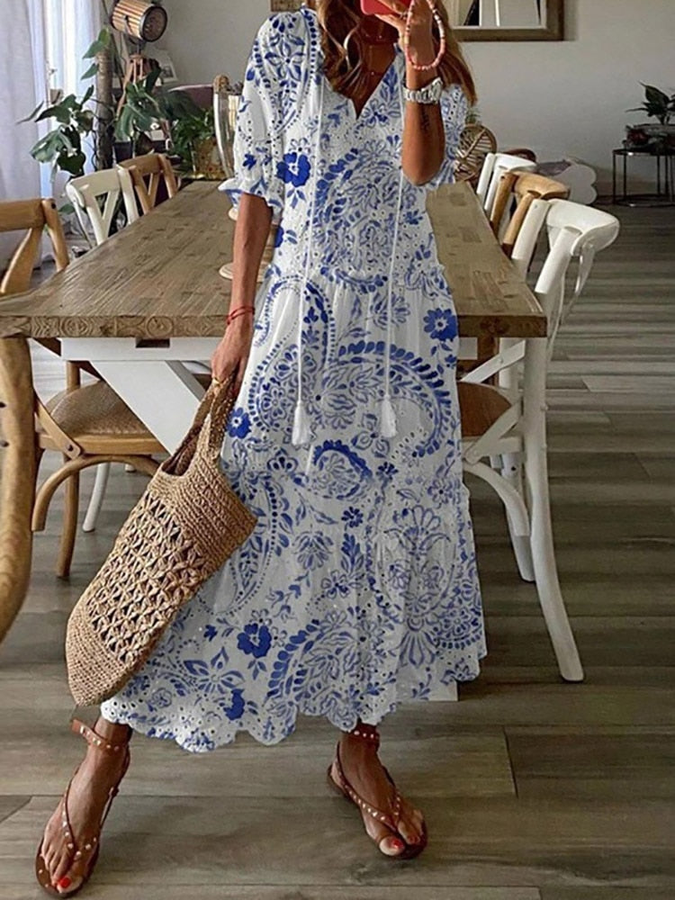 Hoobd Summer Fashion Floral Print Holiday Long Dress Casual Loose Drawstring Half Sleeve Dress Women V Neck Chic Ruffled Boho Dresses