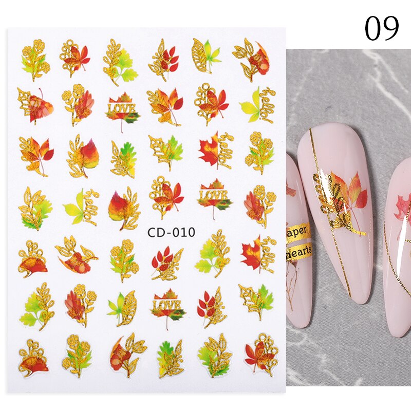 Hoobd1pcs Gold iridescent Maple Leaf 3D Nail Sticker Fall Autumn Pattern Adhesive Transfer Stickers Shiny DIY Nail Art Decoration