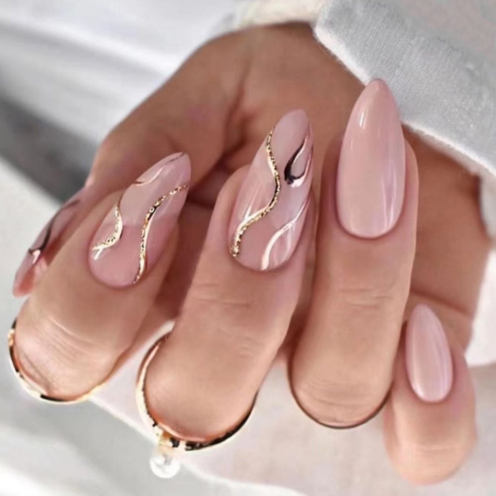 24Pcs Oval Head False Nails Shiny Golden Almond Artificial Fake Nails With Glue Full Cover Nail Tips Press On Nails DIY Manicure