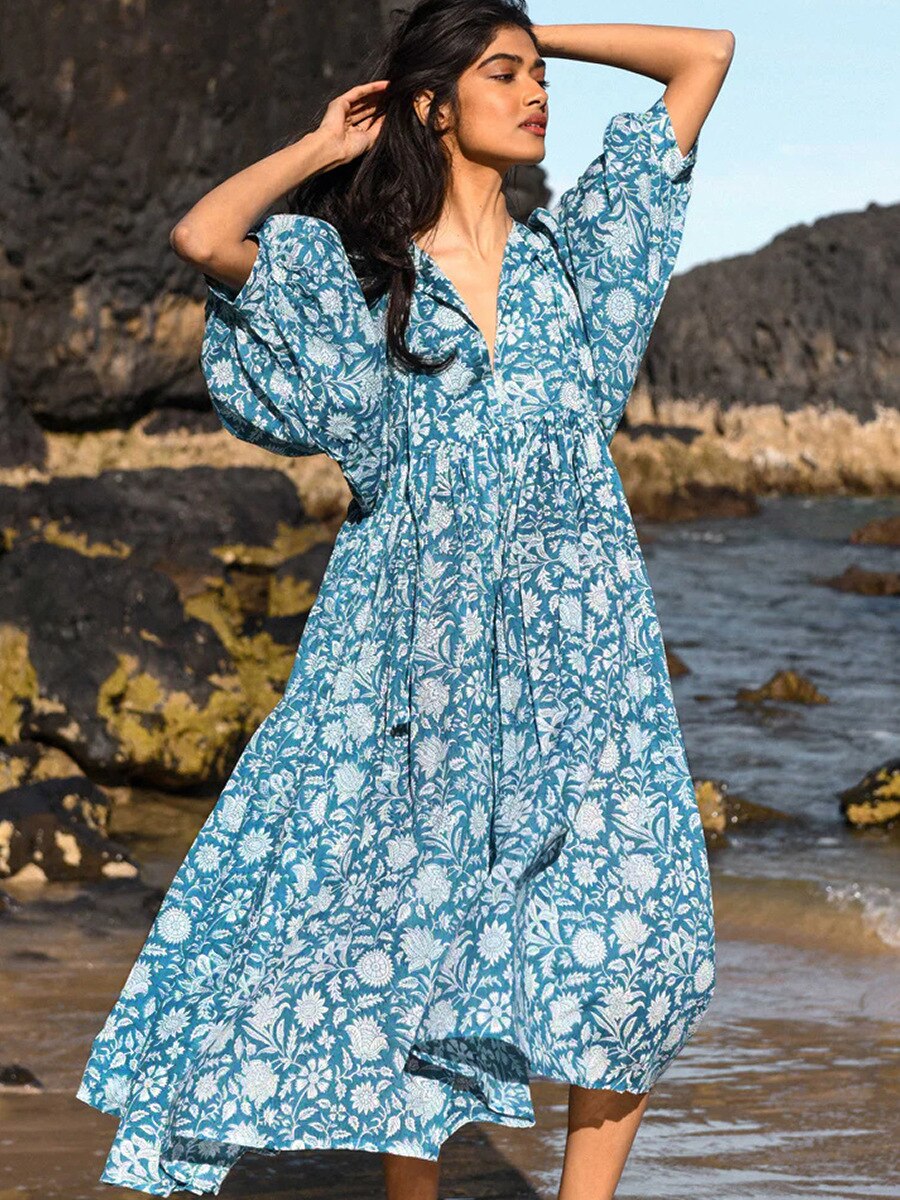2023 Spring Oversized Holiday Dress V Collar Half Sleeve Loose Midi Dress Large Size Casual Printing Long Dress Boho Vestidos
