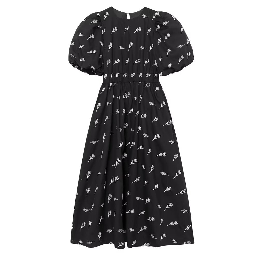 New Fashion Women Floral Embroidery Black Midi Dress Vintage Puff Sleeve O Neck Female Dress