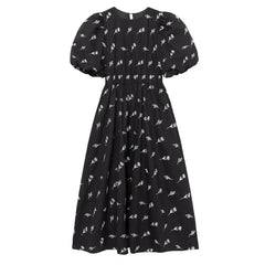 New Fashion Women Floral Embroidery Black Midi Dress Vintage Puff Sleeve O Neck Female Dress