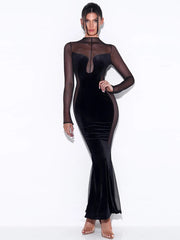 Elegant See Through Patchwork Maxi Dress for Women Gown Full Sleeve Fashion Zipper Velvet Bodycon Long Dresses Vestido