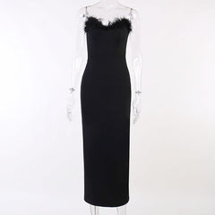 Elegant Strapless Long Party Dresses Women Bodycon Sexy Fashion Feather Sexy Sleeveless Backless Party Club Midi Dress