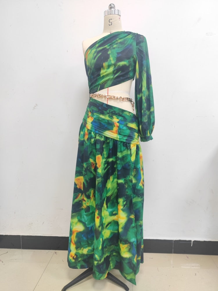 Sexy Slanted One Shoulder Slim Chain Floral Maxi Dress
