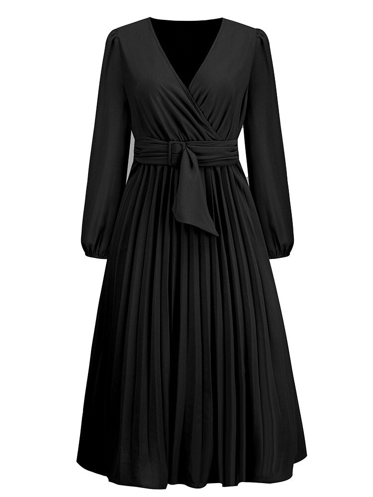 Dress for Women Solid Color V Neck Long Sleeve Slim-fitting Pleated Dress Spring Summer Temperament Elegant Evening Party Skirts