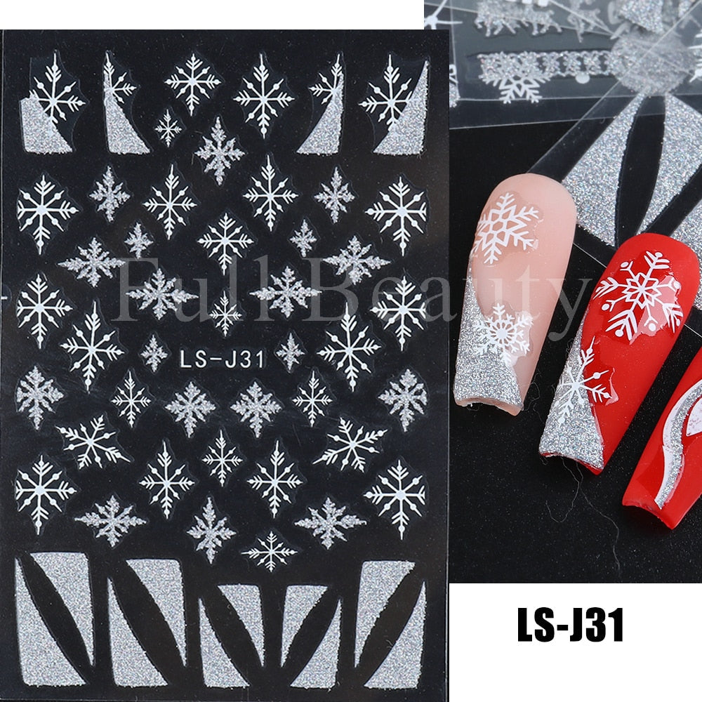 Christmas Nail Sticker 3D Reflective Shiny Glitter Gold Silver Snowflake Elk Bells Decal Slider For Manicure Decoration NLLS-J24