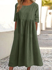 Hoobd Vintage Dress O-Neck Half Sleeve Solid Dresses Summer Women Mid-Calf Length Robe Female Causal Holiday Sundress Kaftan