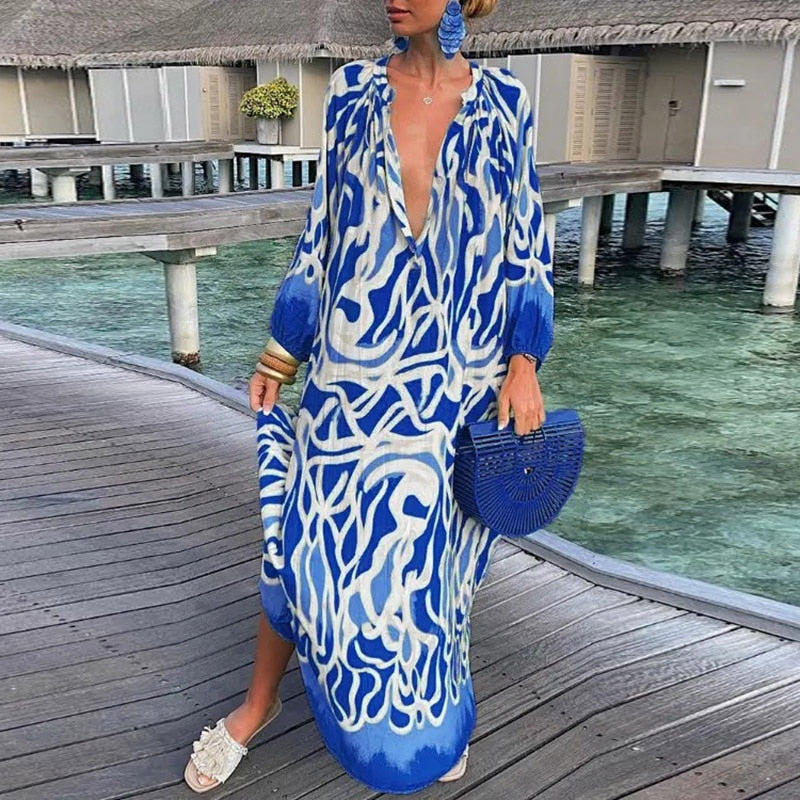 Hoobd Women Elegant V Neck Loose Party Dress Lady Retro Printing Long Sleeve Holiday Dress Autumn Casual Femme Dress Streetwear