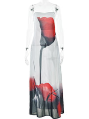 Sexy 2023 Summer Spaghetti Strap Floral Print Maxi Dress For Ladies Backless Chic See Through Beach Holiday Robe