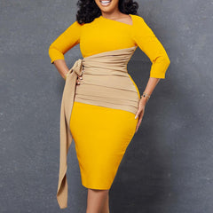 Hoobd Autumn Fashion Elegant Colorblock Lace-Up Dress Women Office Ladies OL Colorblock Slim Dress Women