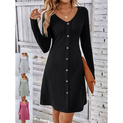 Autumn Dresses 2023 New Knitted Solid Color V-neck Long Sleeve Vestidos Ladie Fashion Elegant Slim Cropped Knitteds Dress MsChuh