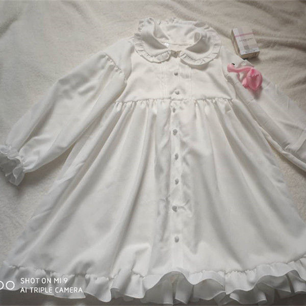 QWEEK White Kawaii Lolita Dress For Girls Soft Princess Fairy Peter Pan Collar Dress Japanese Style Cute Puff Sleeve Party Dress