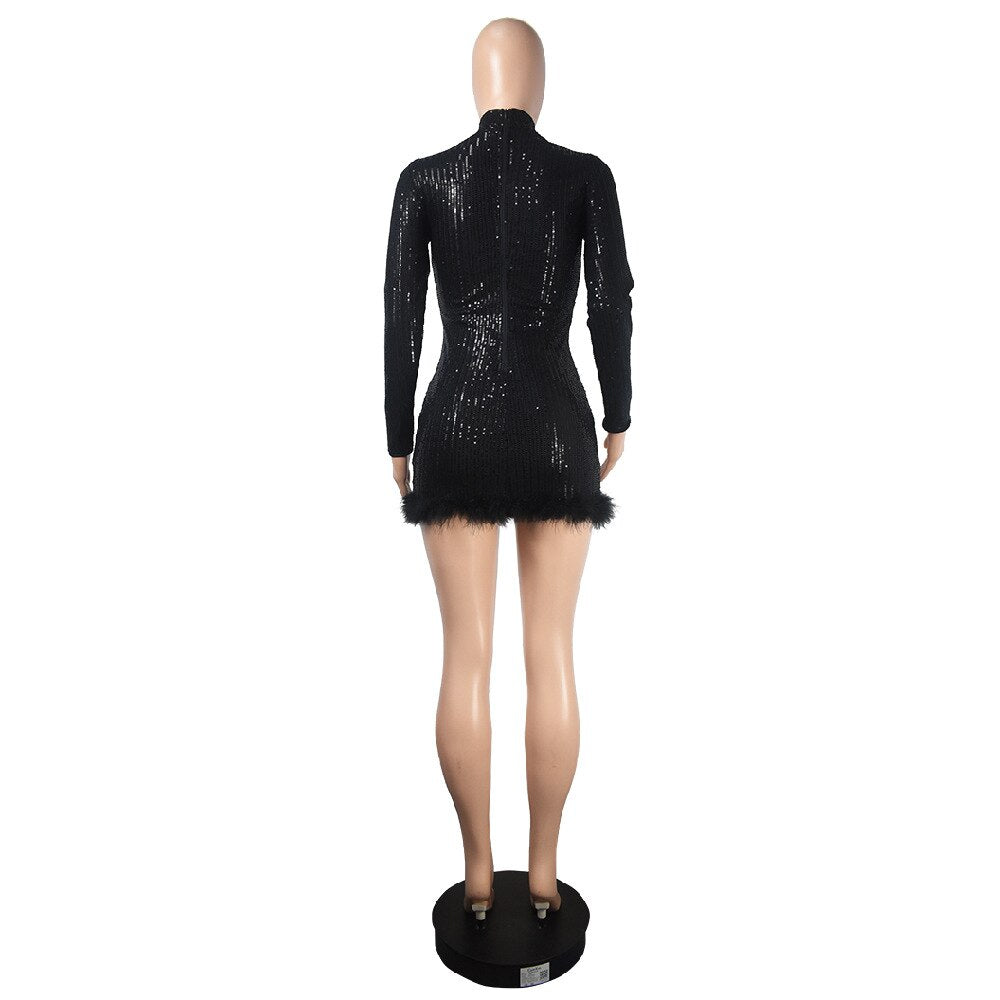 Fashion Sexy Bodycon Birthday Party Dress for Women 2023 Spring Long Sleeve Feather Sequins Short Evening Dresses Black Red