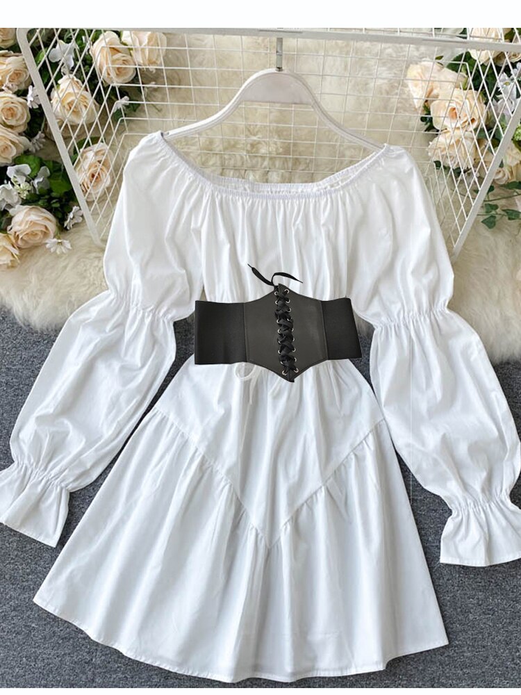 Hoobd Early Autumn Dress Retro Gothic Women White Black Bandage Mini Dress Sexy Off Shoulder Puff Sleeve Korean Vestidos