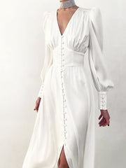 Satin Party Dress Single Breasted High Waist a Line Long Dress Deep v Neck Sexy Elegant Temperament Ol Style 2023 New Arrivals