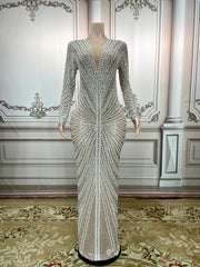 Hoobd Gray White Full Rhinestones Evening Long Sleeves Dress Birthday Celebrate Stage Wear Performance Dancer Singer Show plus size
