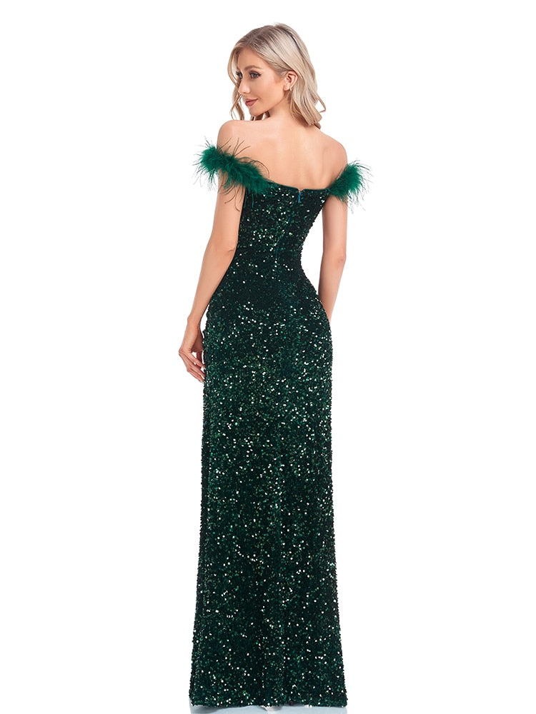 Hoobd Elegant Evening Dresses Green Sequin Sexy Split Party Backless Women Long luxurious Gown Formal Dress Cocktail 2023