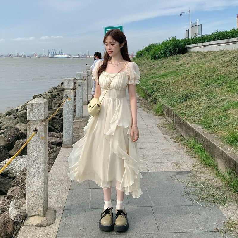 French Fairy Chiffon Midi Dress Women Short Sleeve Casual Boho Beach Sundress Women Pink Elegant Korean Dress Summer Chic