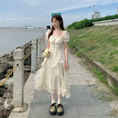 French Fairy Chiffon Midi Dress Women Short Sleeve Casual Boho Beach Sundress Women Pink Elegant Korean Dress Summer Chic